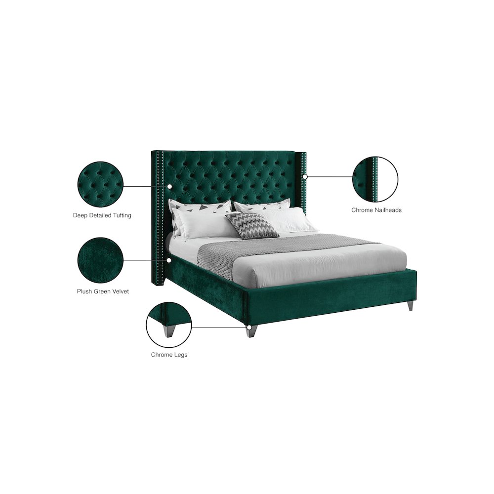 Aiden Green Velvet Queen Bed. Picture 8