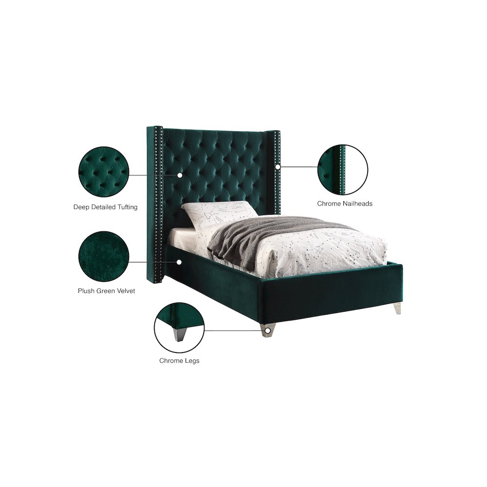 Aiden Green Velvet Twin Bed. Picture 4
