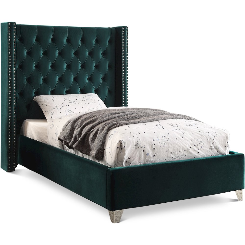 Aiden Green Velvet Twin Bed. Picture 1
