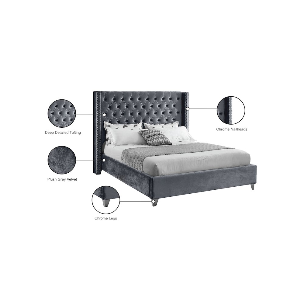 Aiden Grey Velvet Queen Bed. Picture 8