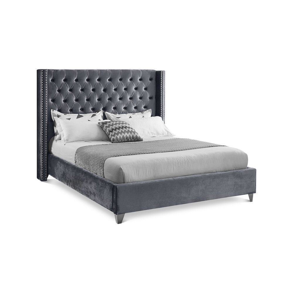 Aiden Grey Velvet Queen Bed. Picture 1
