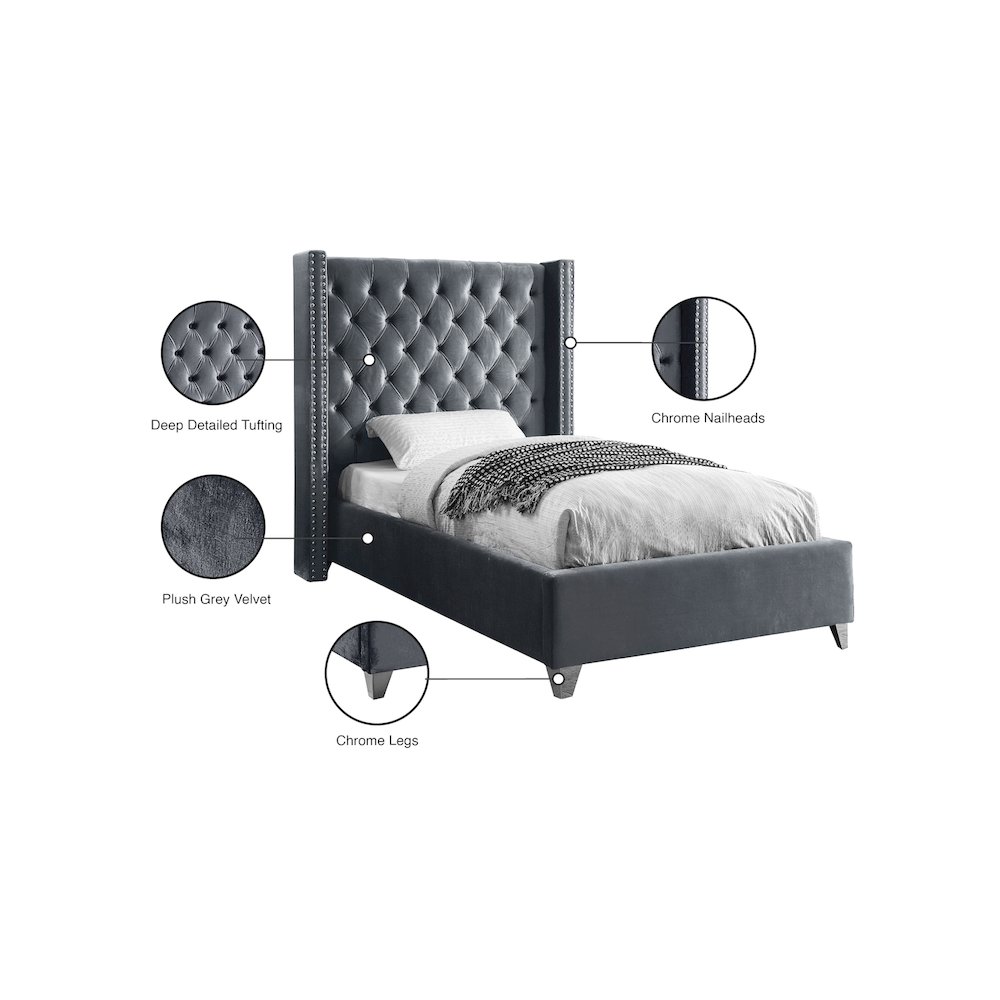 Aiden Grey Velvet Twin Bed. Picture 4