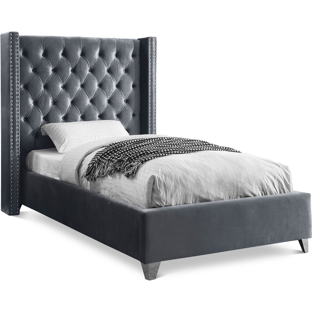 Aiden Grey Velvet Twin Bed. Picture 1