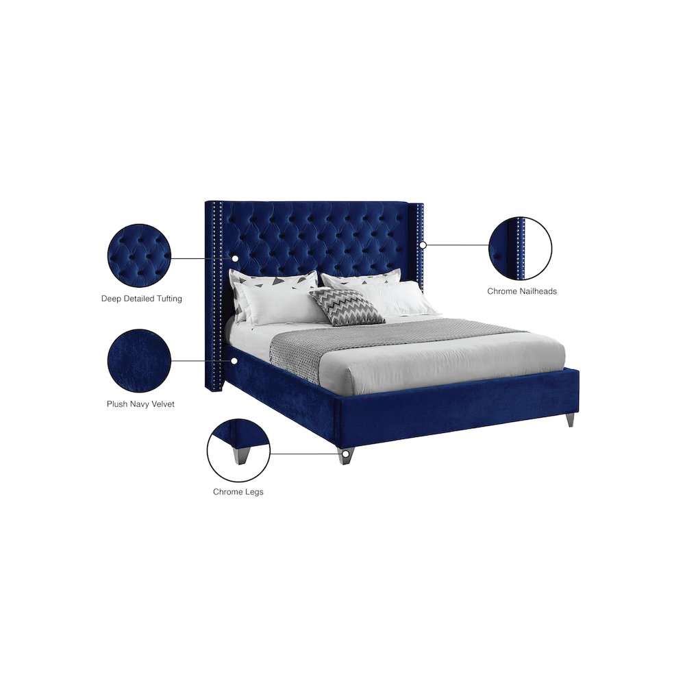 Aiden Navy Velvet King Bed. Picture 8