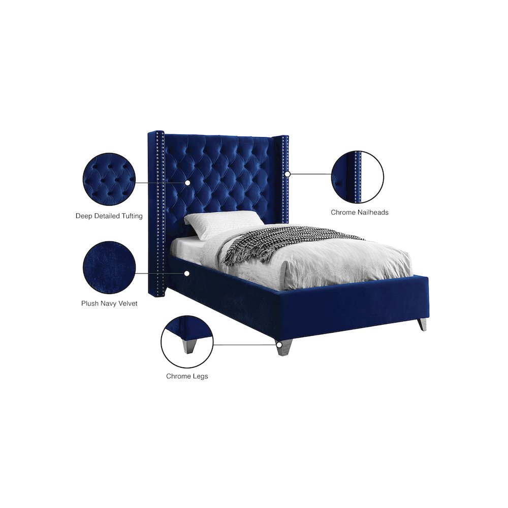 Aiden Navy Velvet Twin Bed. Picture 4