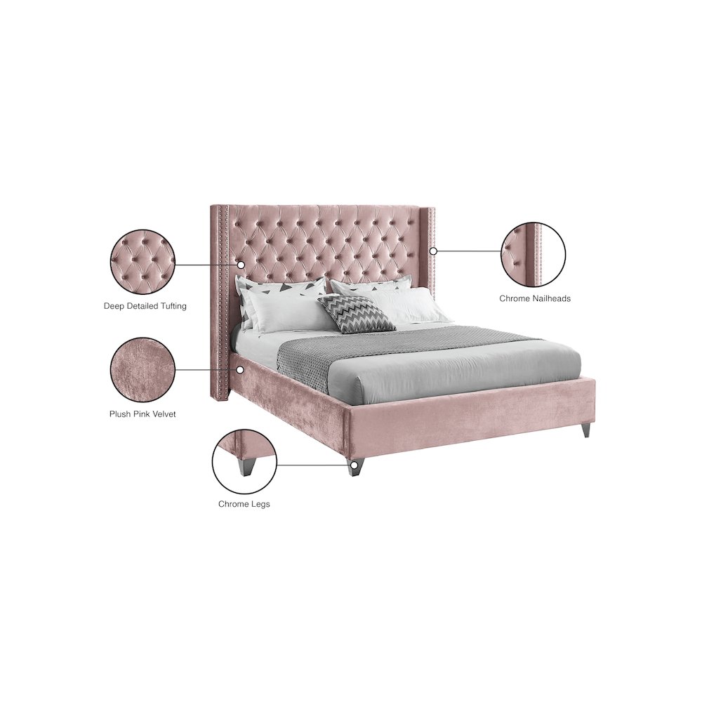 Aiden Pink Velvet King Bed. Picture 8