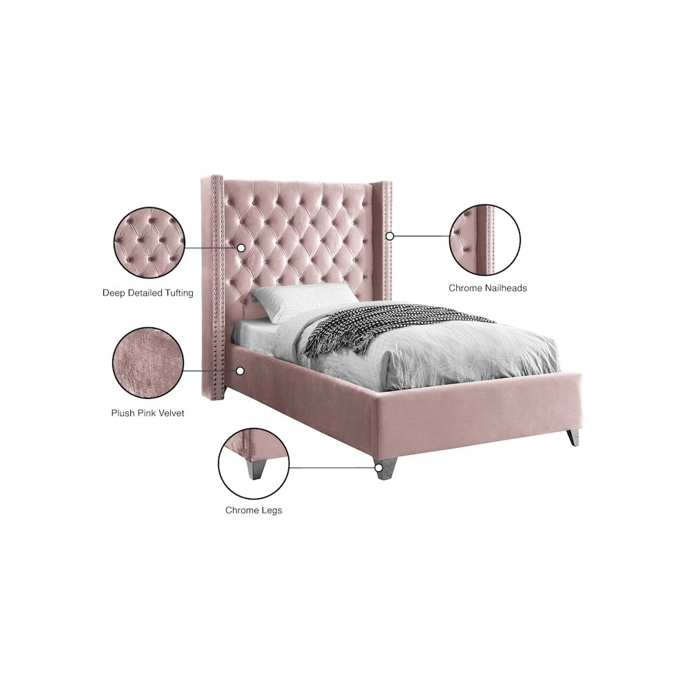 Aiden Pink Velvet Twin Bed. Picture 4