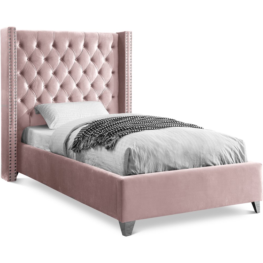 Aiden Pink Velvet Twin Bed. Picture 1