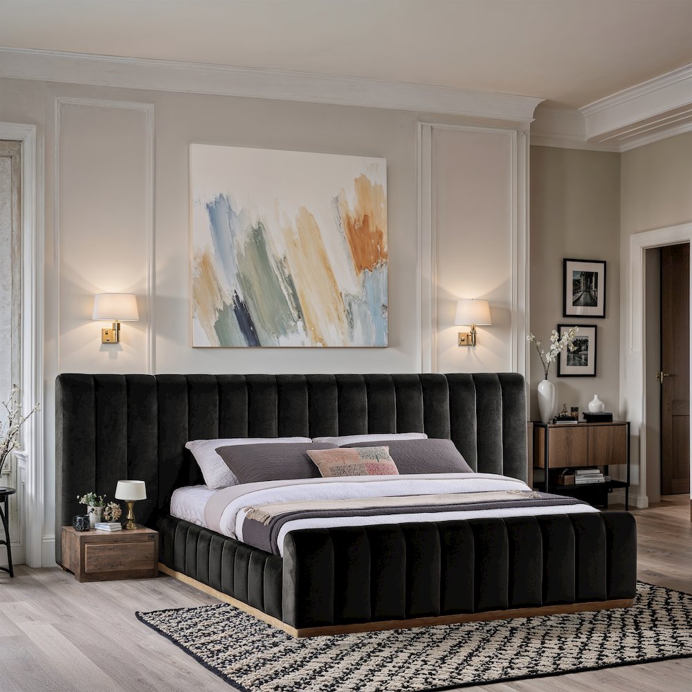 Amara Black Velvet Upholstered King Bed. Picture 7