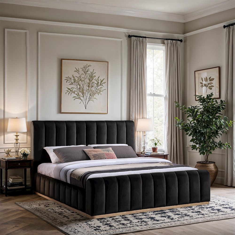Amara Black Velvet Upholstered King Bed. Picture 7