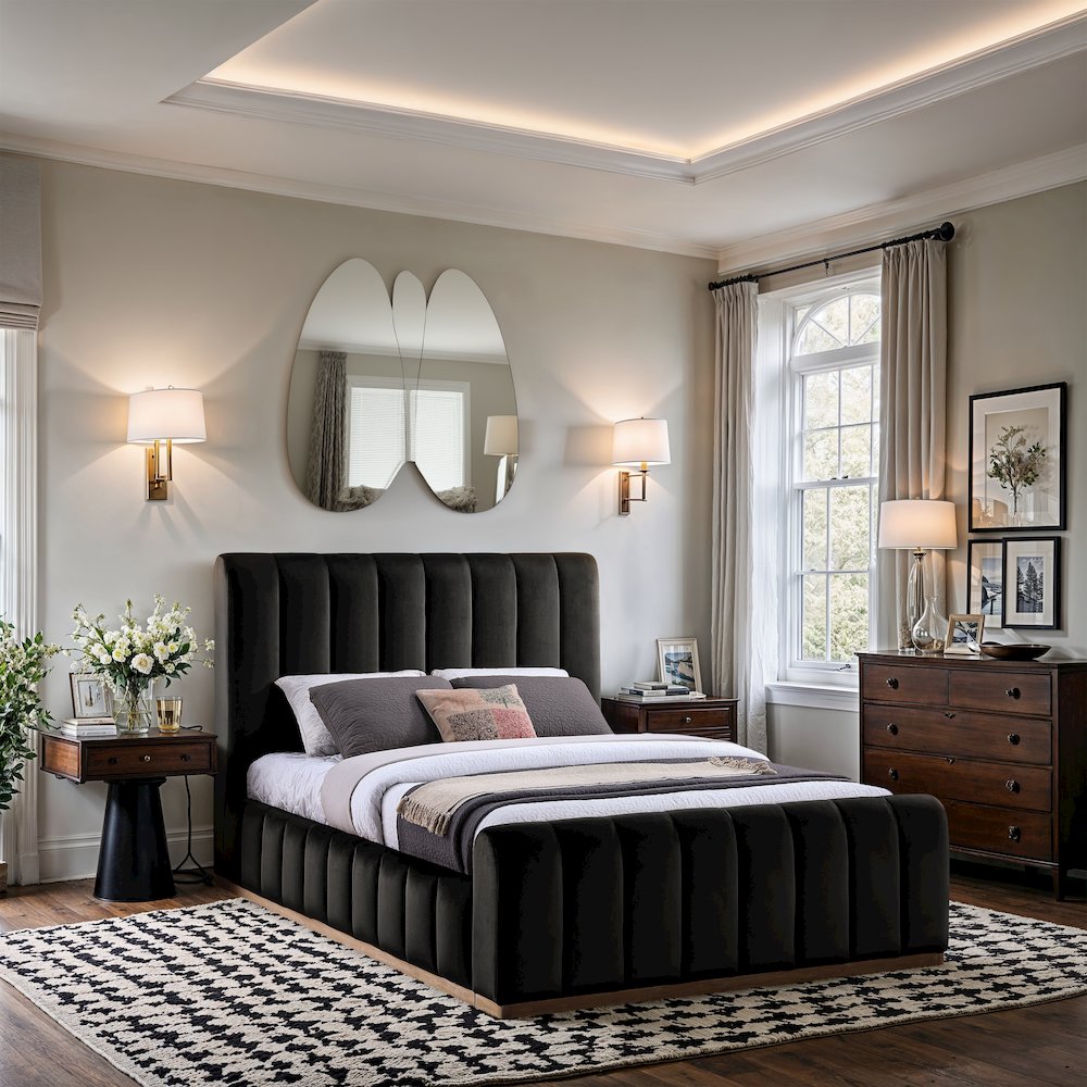 Amara Black Velvet Upholstered Queen Bed. Picture 7