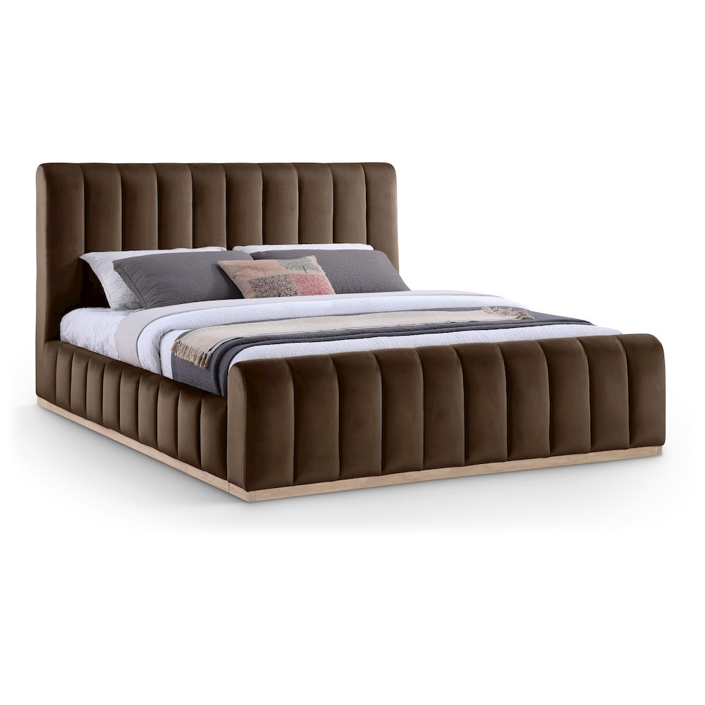 Amara Brown Velvet Upholstered King Bed. Picture 1
