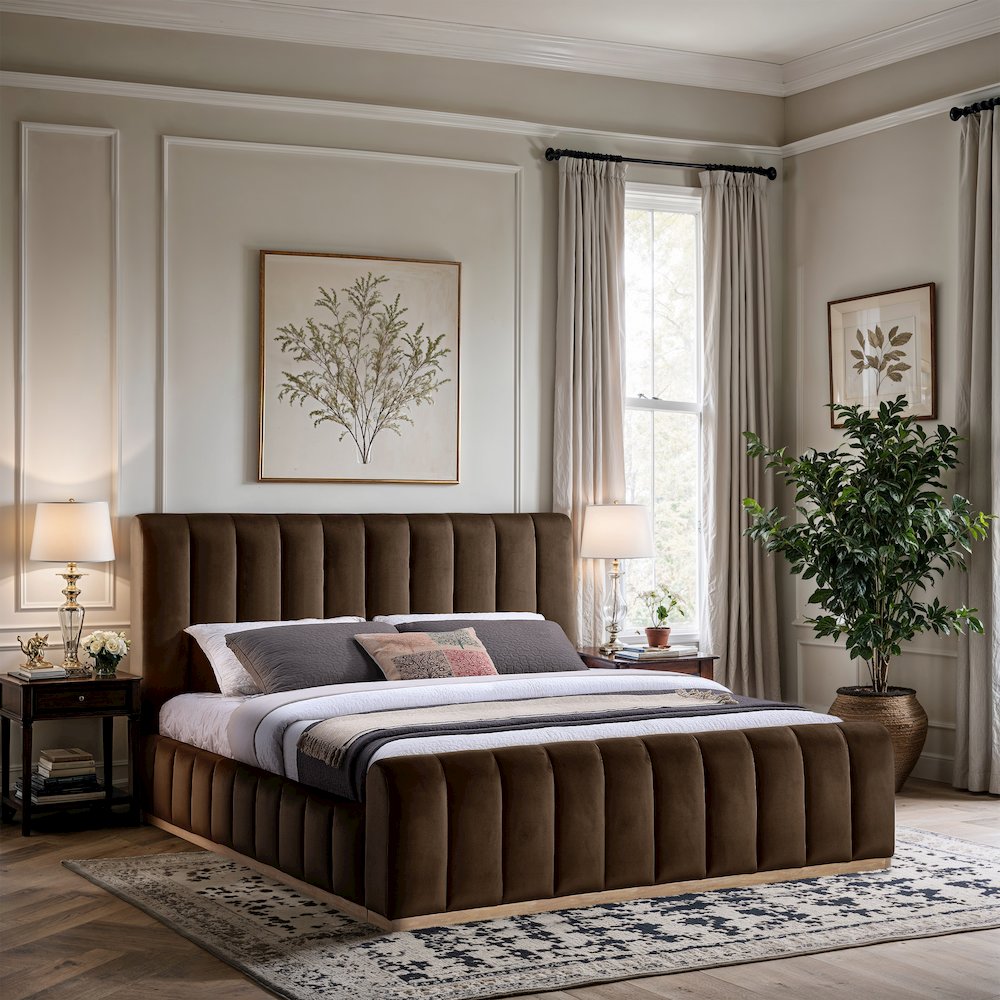 Amara Brown Velvet Upholstered King Bed. Picture 7