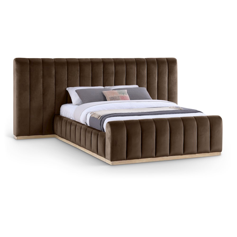 Amara Brown Velvet Upholstered Queen Bed. Picture 1