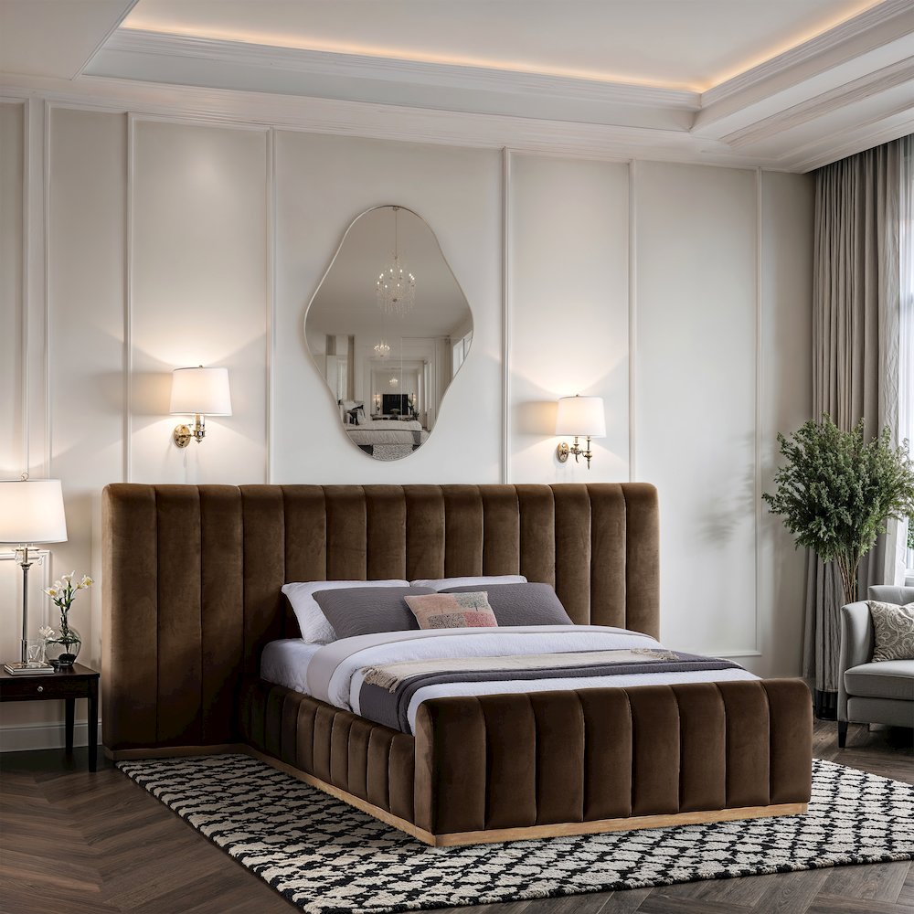 Amara Brown Velvet Upholstered Queen Bed. Picture 7