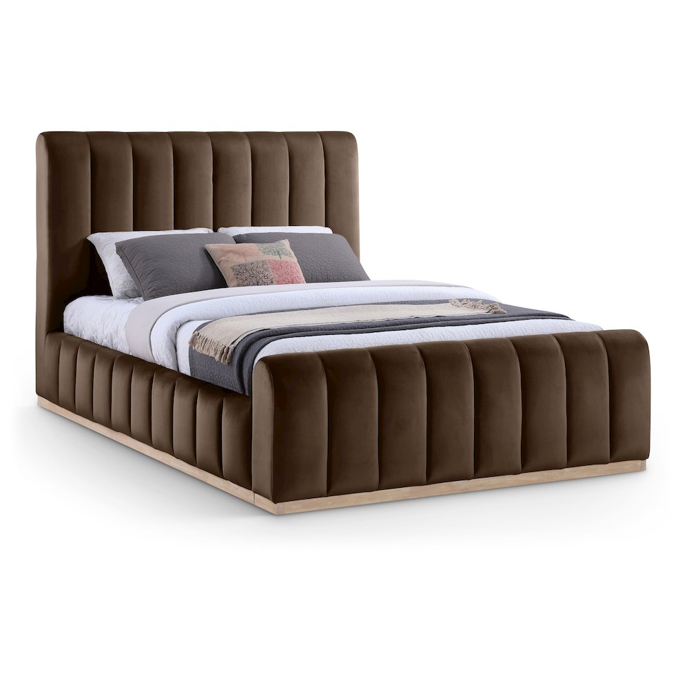Amara Brown Velvet Upholstered Queen Bed. Picture 1