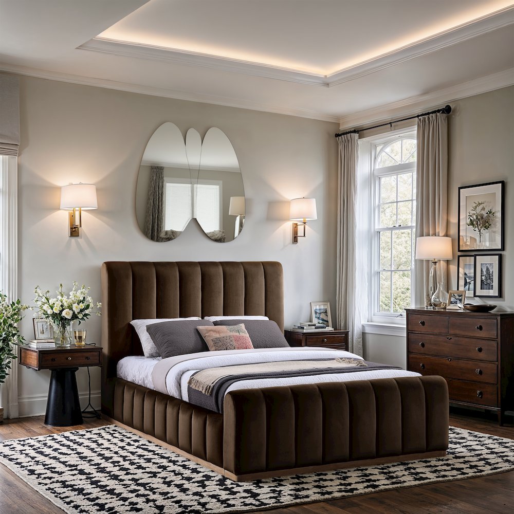Amara Brown Velvet Upholstered Queen Bed. Picture 7
