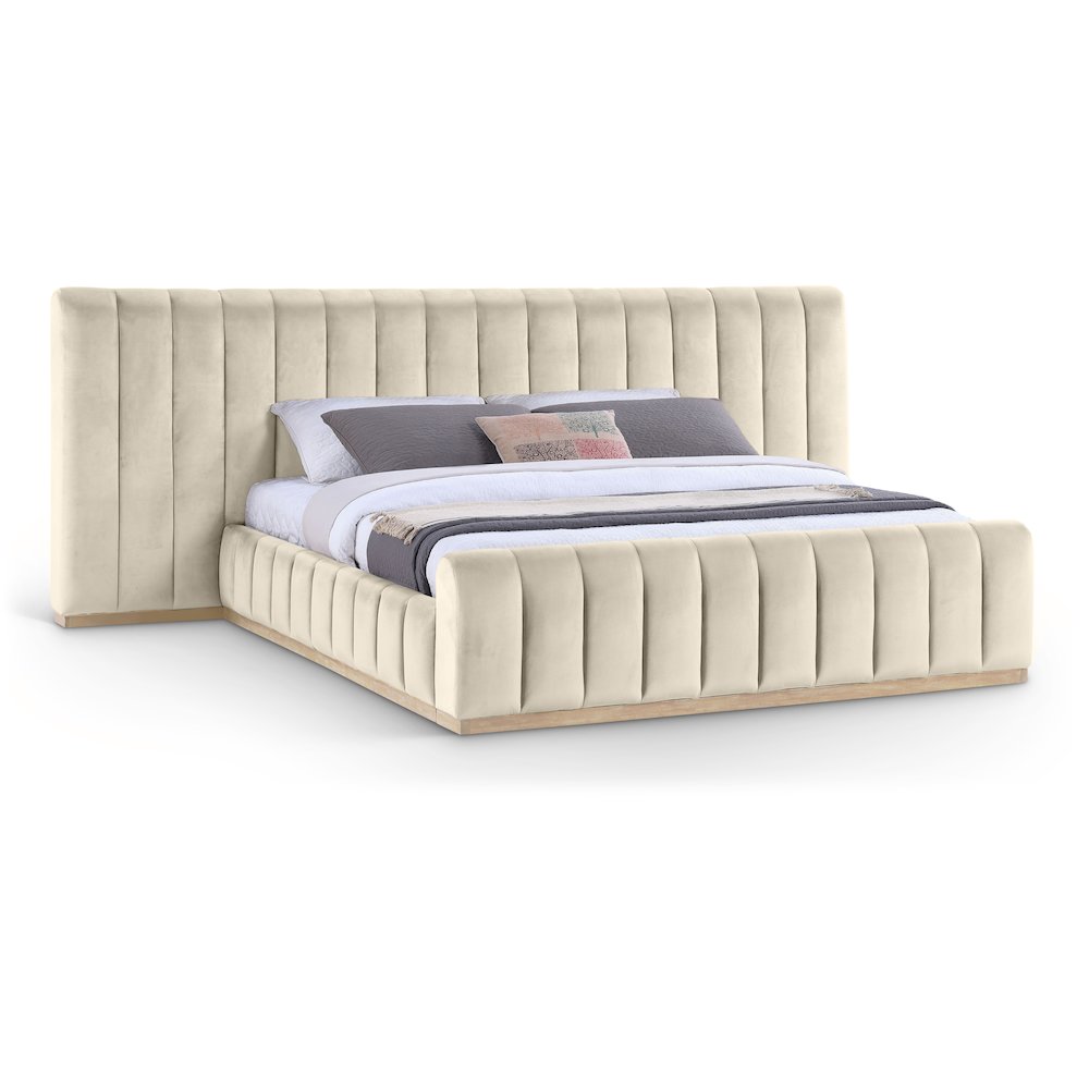 Amara Cream Velvet Upholstered King Bed. Picture 1