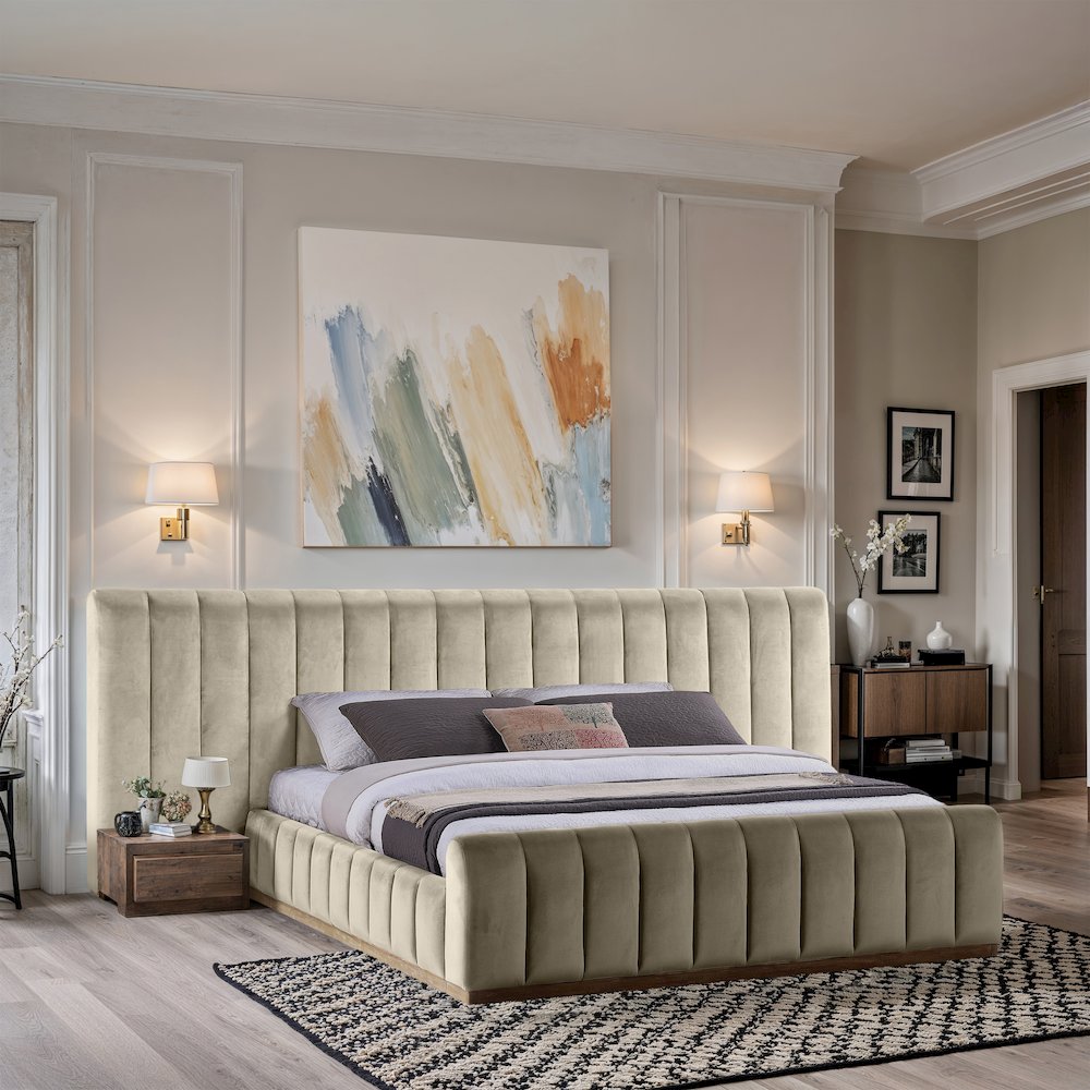 Amara Cream Velvet Upholstered King Bed. Picture 7