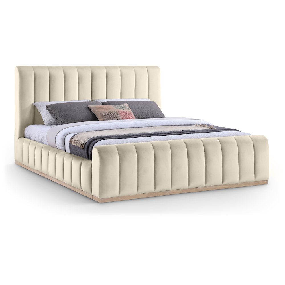 Amara Cream Velvet Upholstered King Bed. Picture 1