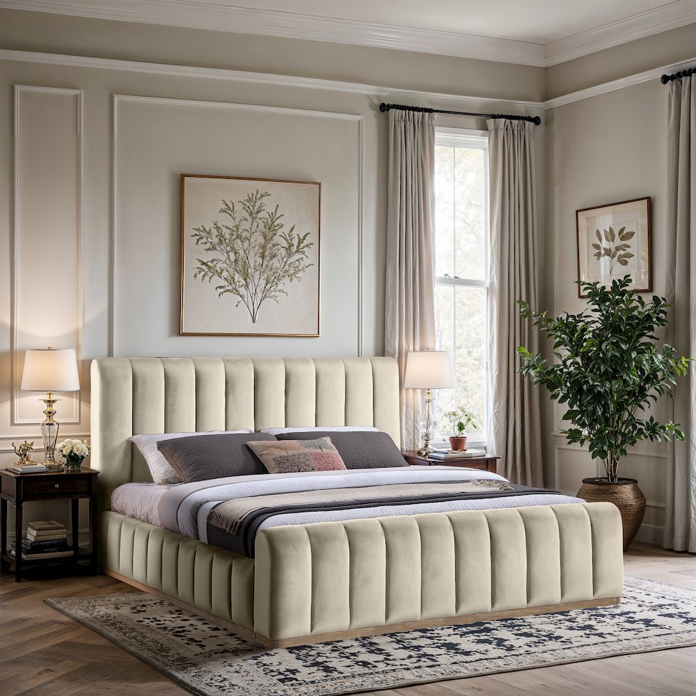 Amara Cream Velvet Upholstered King Bed. Picture 7