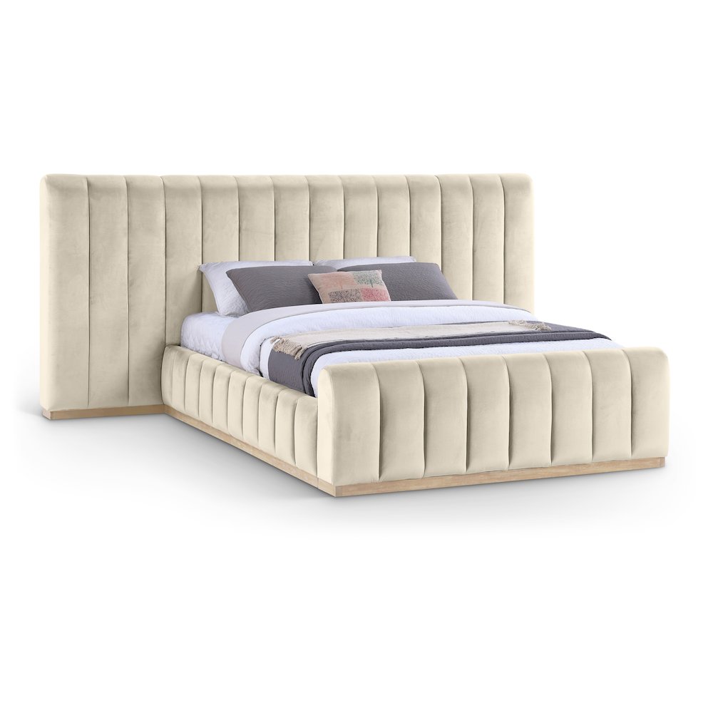 Amara Cream Velvet Upholstered Queen Bed. Picture 1