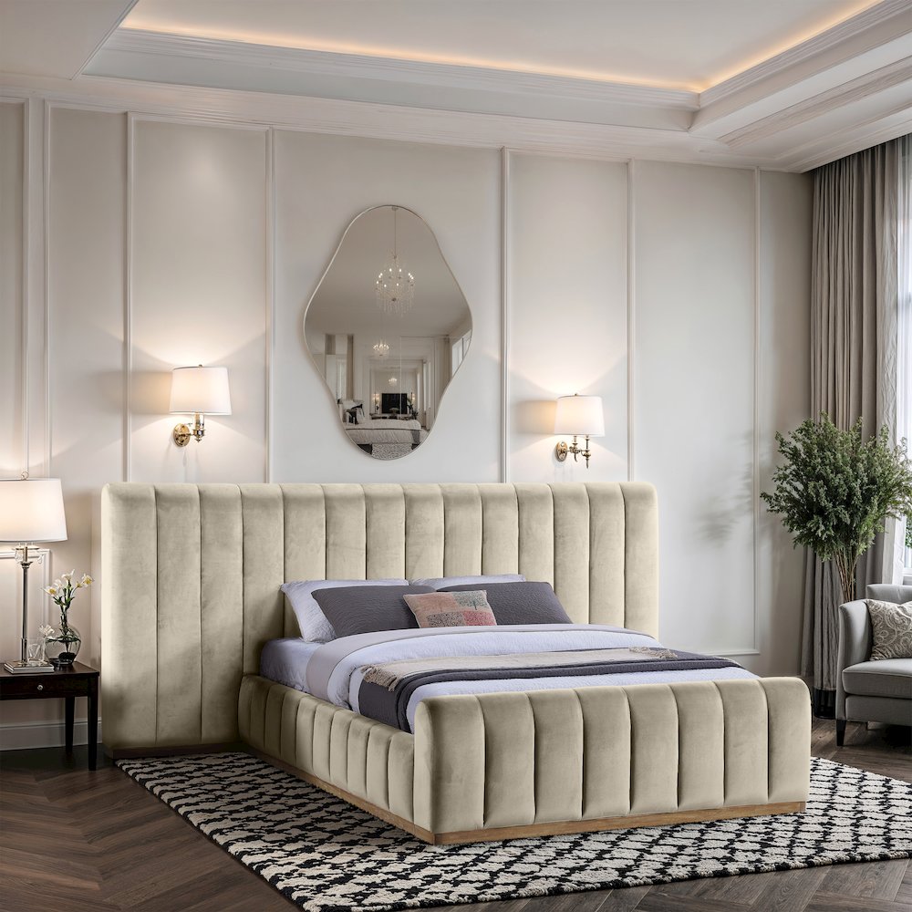 Amara Cream Velvet Upholstered Queen Bed. Picture 7