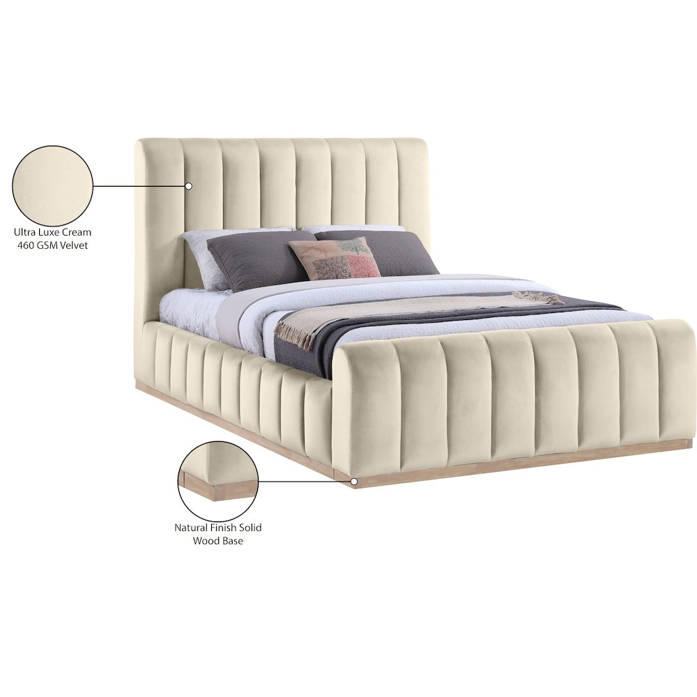 Amara Cream Velvet Upholstered Queen Bed. Picture 10