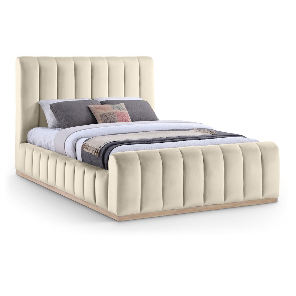 Amara Cream Velvet Upholstered Queen Bed. Picture 1
