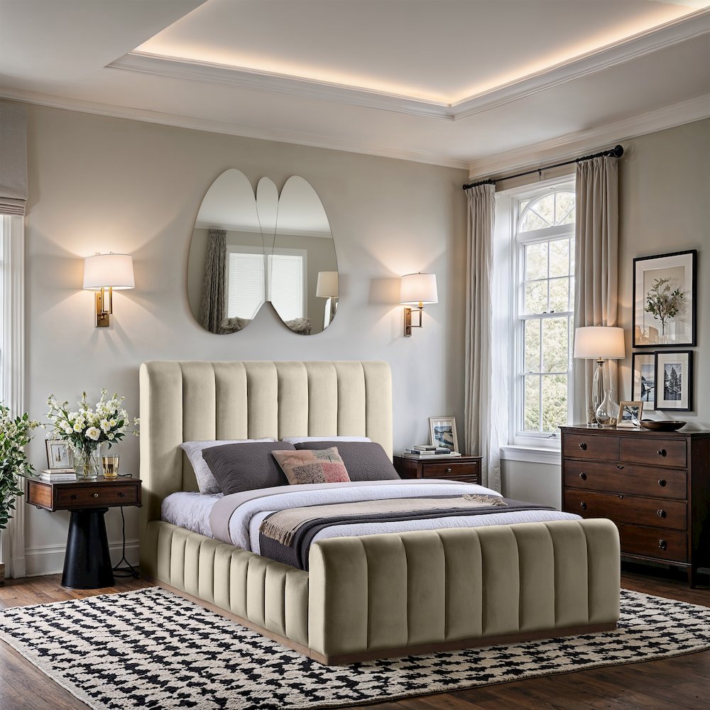 Amara Cream Velvet Upholstered Queen Bed. Picture 7