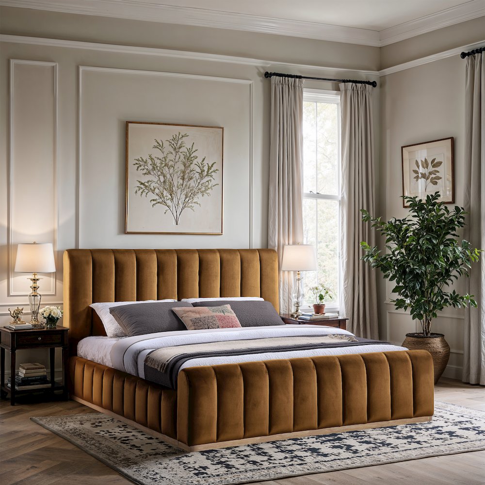 Amara Saddle Velvet Upholstered King Bed. Picture 7