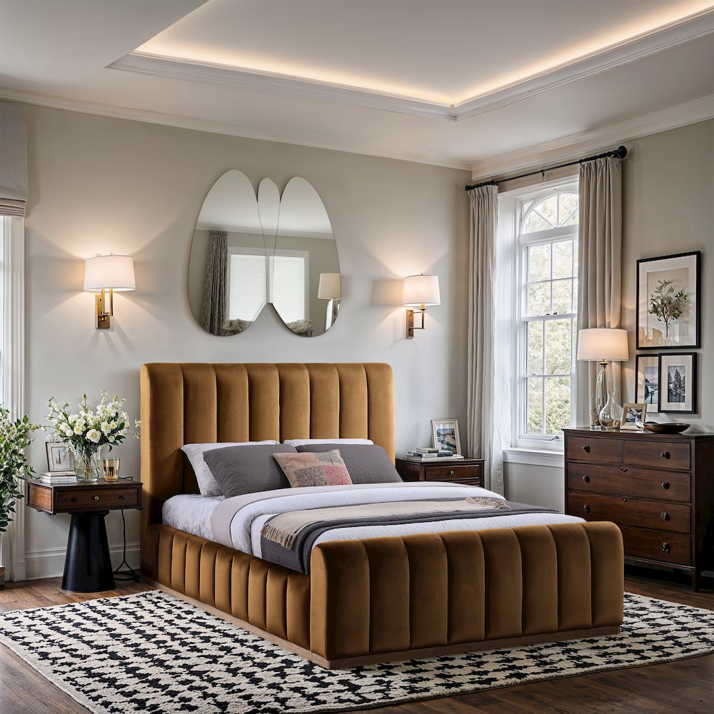 Amara Saddle Velvet Upholstered Queen Bed. Picture 7