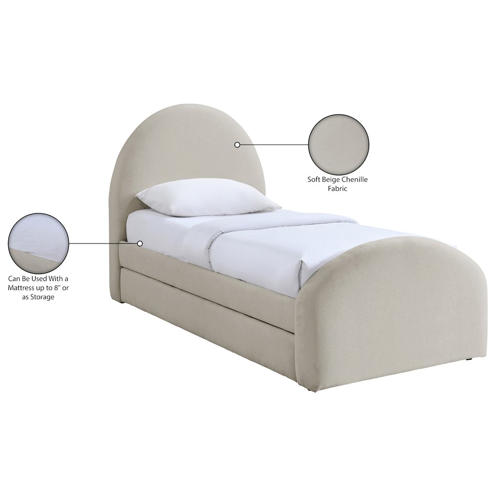 Andaz Beige Chenille Fabric Upholstered Twin Trundle Bed. Picture 10