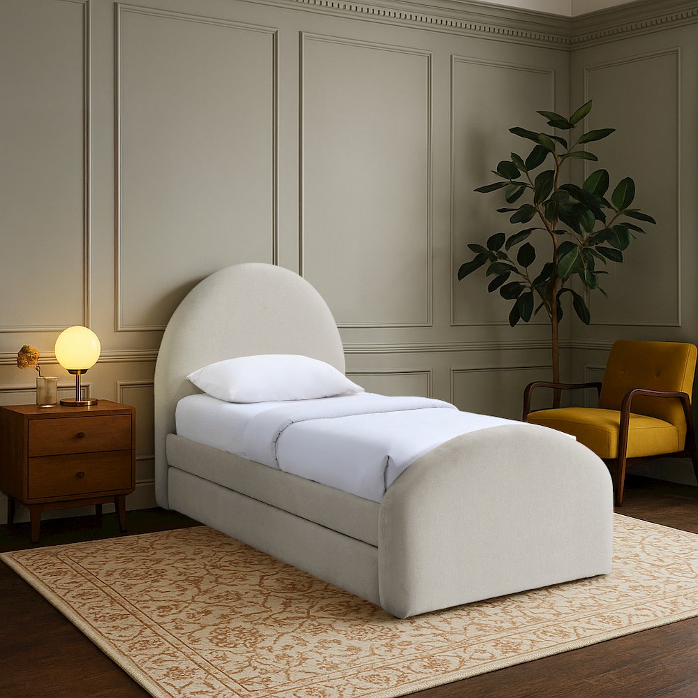 Andaz Beige Chenille Fabric Upholstered Twin Trundle Bed. Picture 7