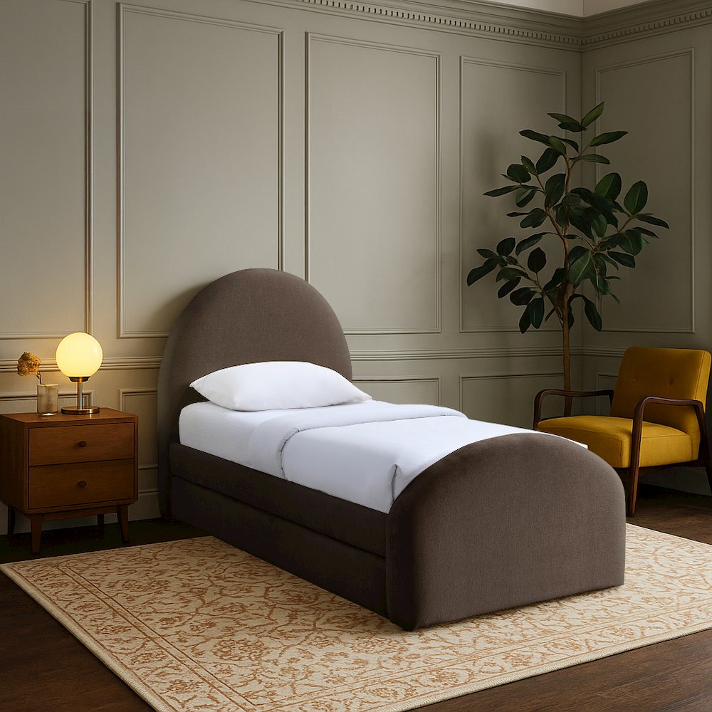 Andaz Brown Chenille Fabric Upholstered Twin Trundle Bed. Picture 7