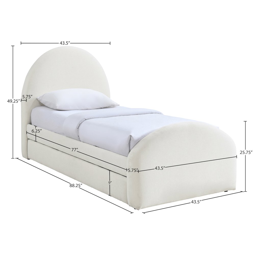 Andaz Cream Chenille Fabric Upholstered Twin Trundle Bed. Picture 9