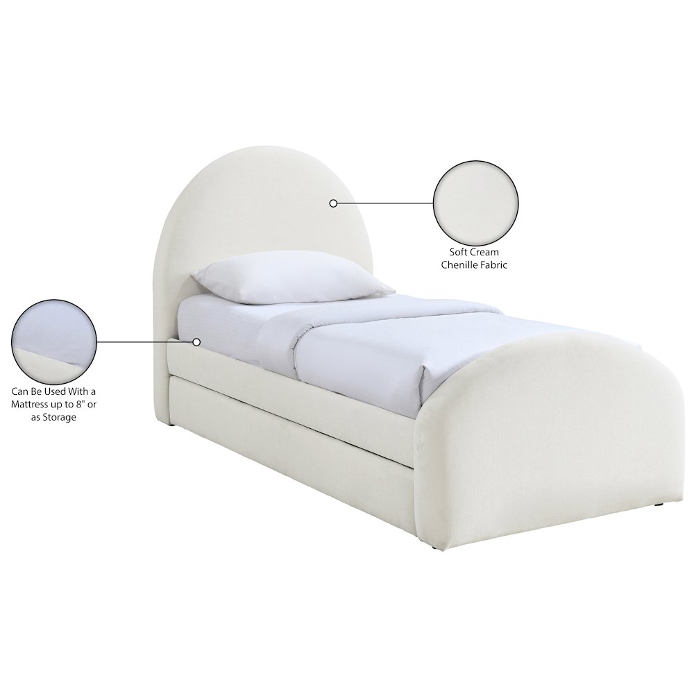 Andaz Cream Chenille Fabric Upholstered Twin Trundle Bed. Picture 10