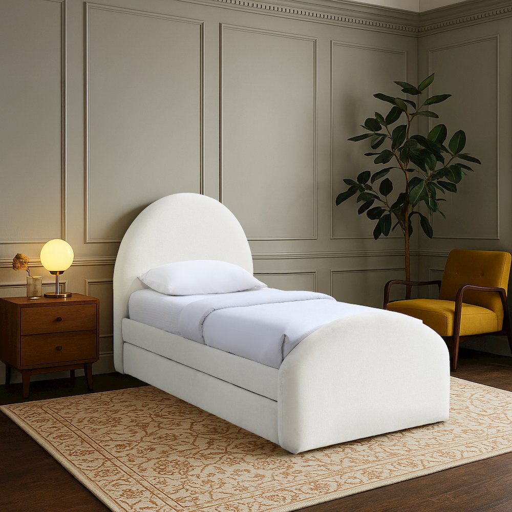 Andaz Cream Chenille Fabric Upholstered Twin Trundle Bed. Picture 7