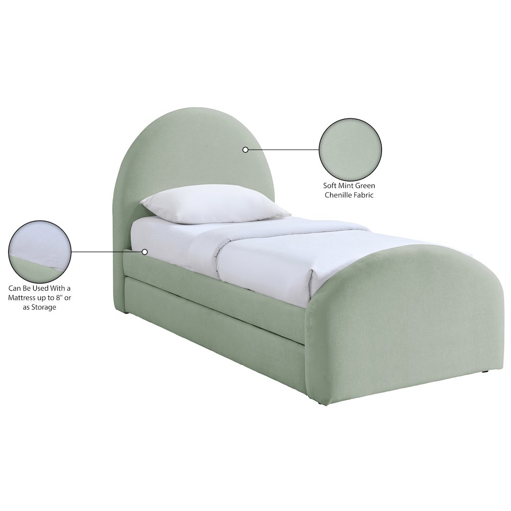 Andaz Mint Chenille Fabric Upholstered Twin Trundle Bed. Picture 10
