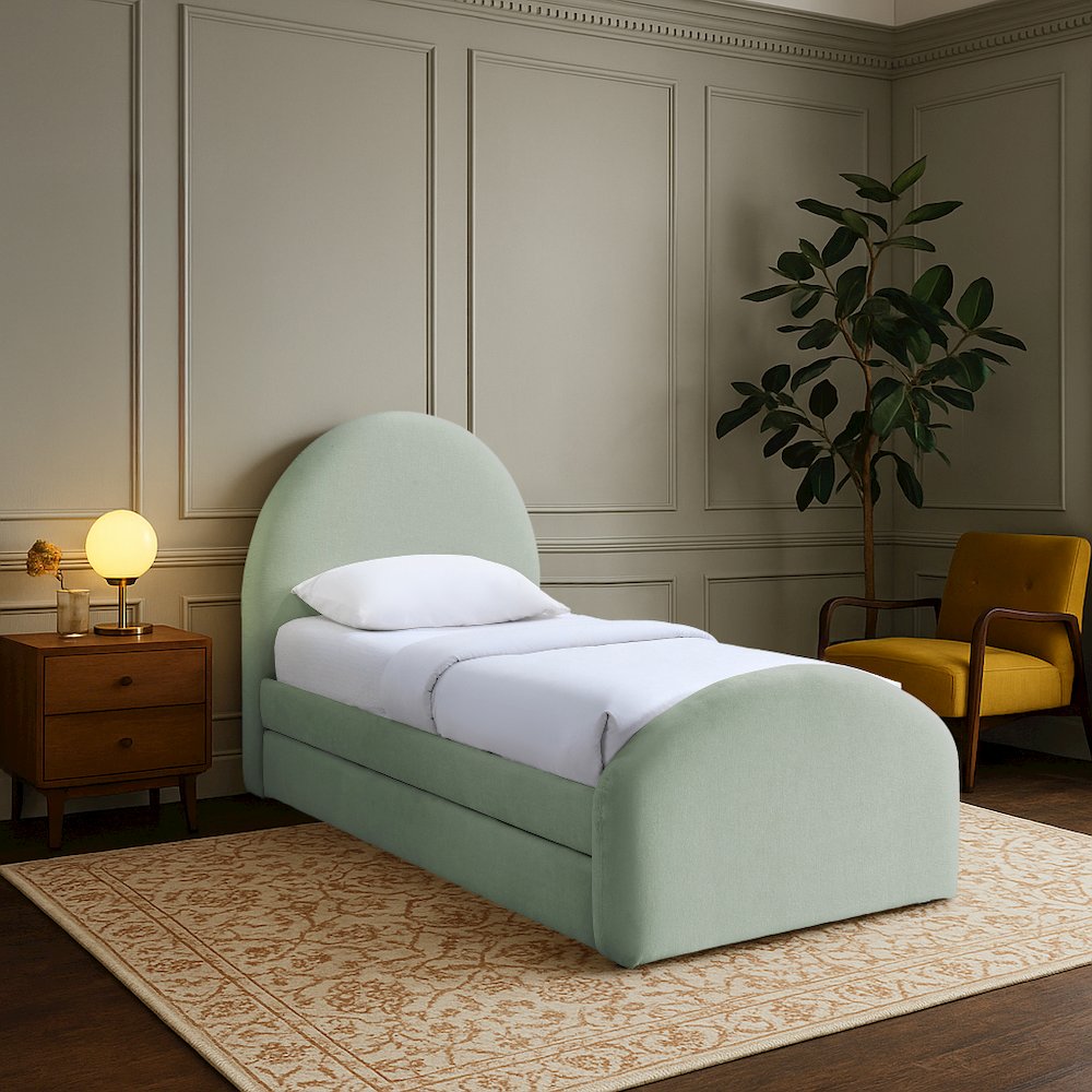 Andaz Mint Chenille Fabric Upholstered Twin Trundle Bed. Picture 7