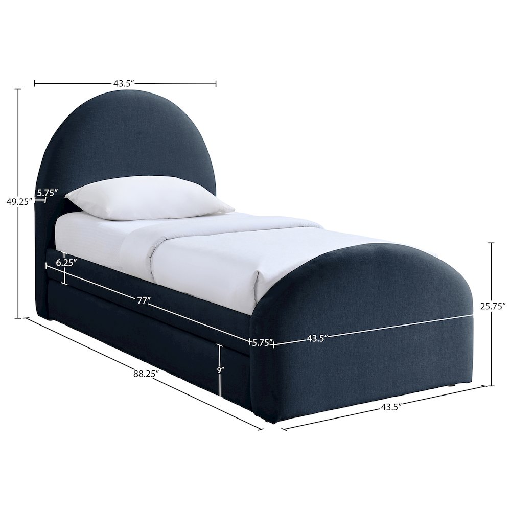 Andaz Navy Chenille Fabric Upholstered Twin Trundle Bed. Picture 9