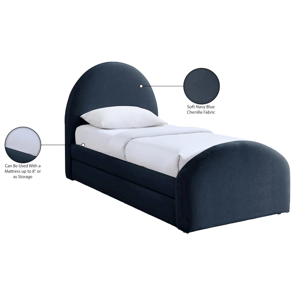 Andaz Navy Chenille Fabric Upholstered Twin Trundle Bed. Picture 10