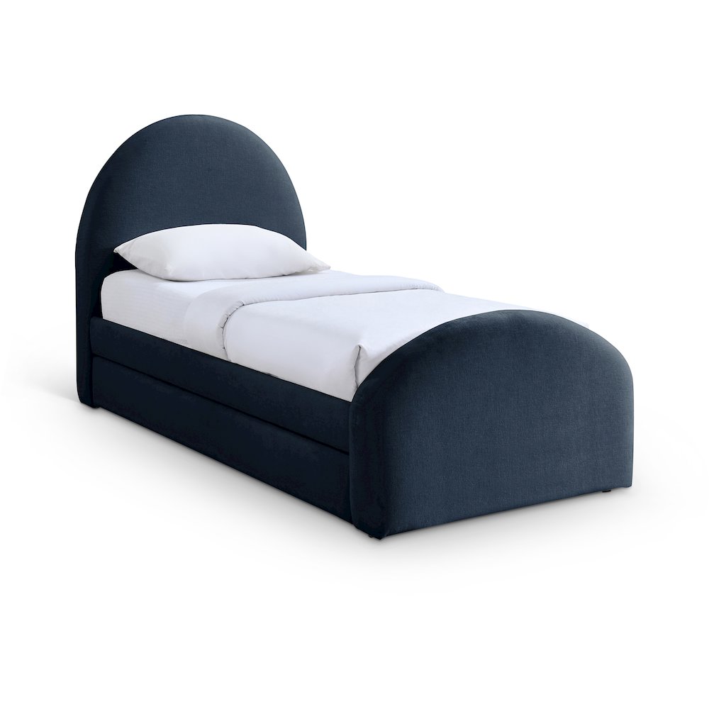 Andaz Navy Chenille Fabric Upholstered Twin Trundle Bed. Picture 1