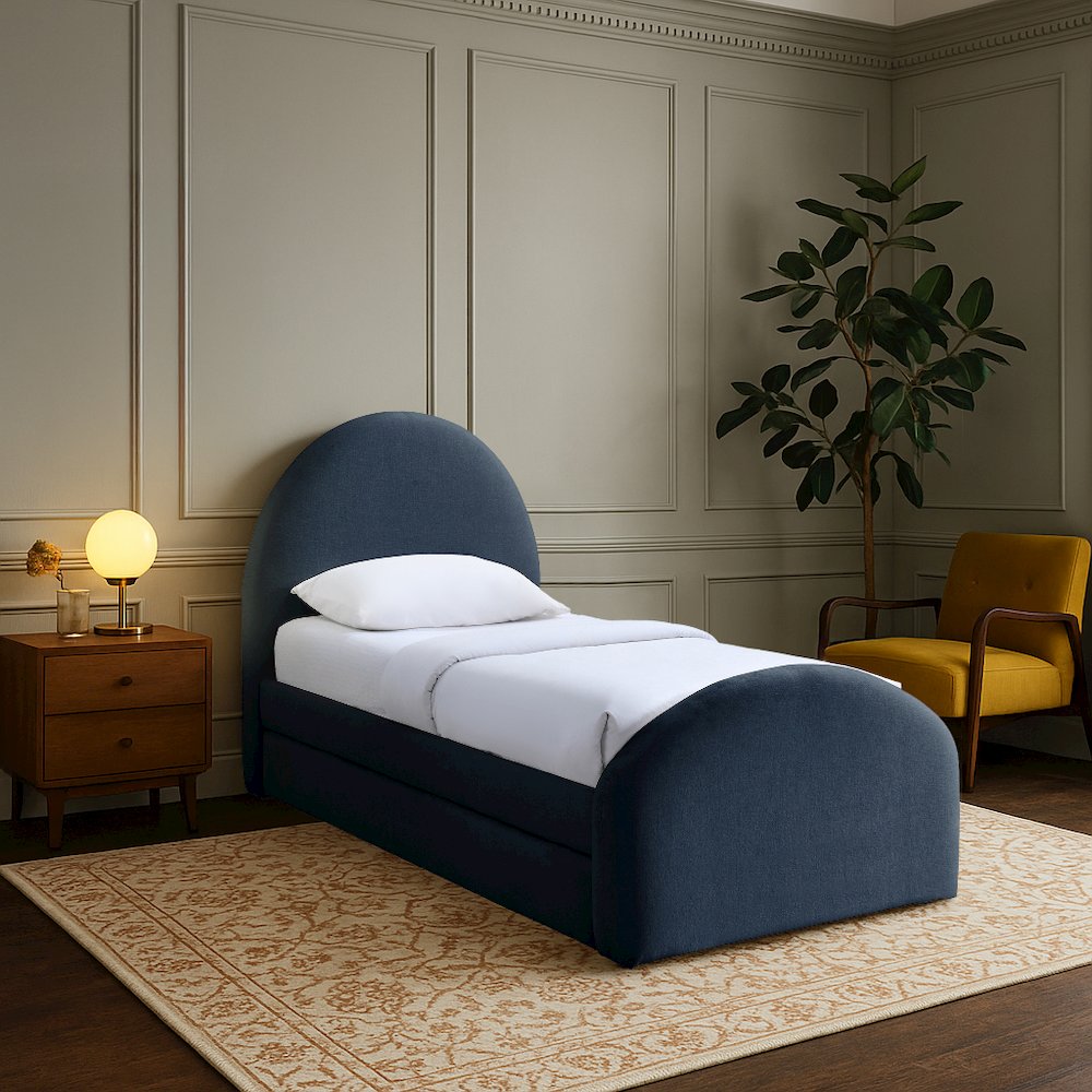 Andaz Navy Chenille Fabric Upholstered Twin Trundle Bed. Picture 7