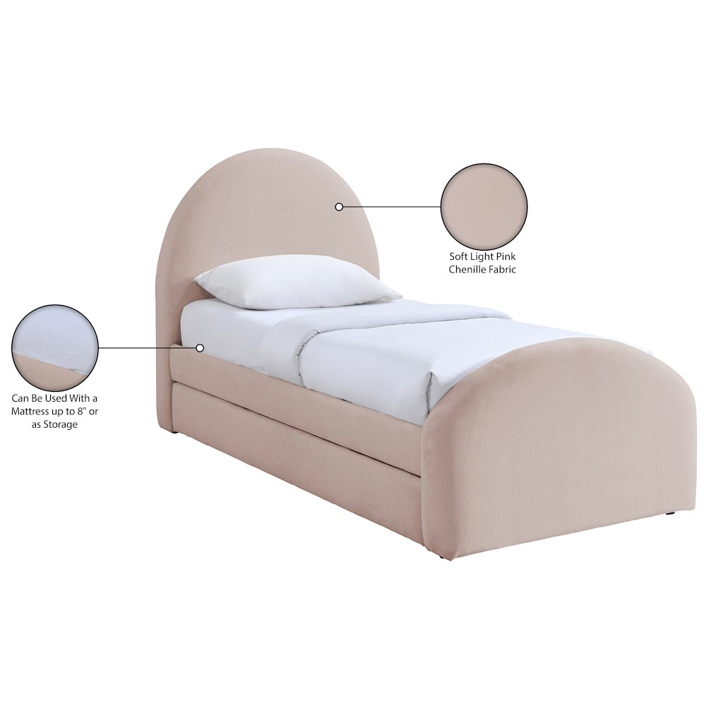 Andaz Pink Chenille Fabric Upholstered Twin Trundle Bed. Picture 10