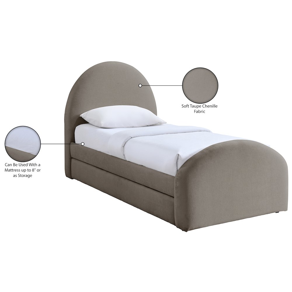 Andaz Taupe Chenille Fabric Upholstered Twin Trundle Bed. Picture 10