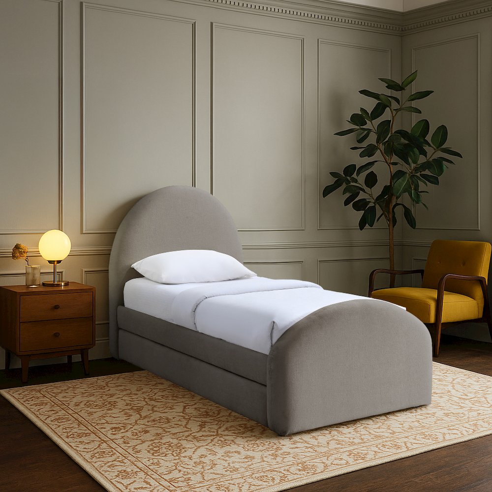 Andaz Taupe Chenille Fabric Upholstered Twin Trundle Bed. Picture 7