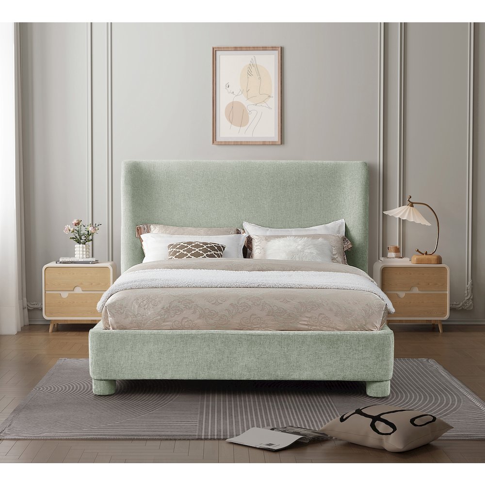 Penny Mint Green Chenille Fabric Queen Bed. Picture 3