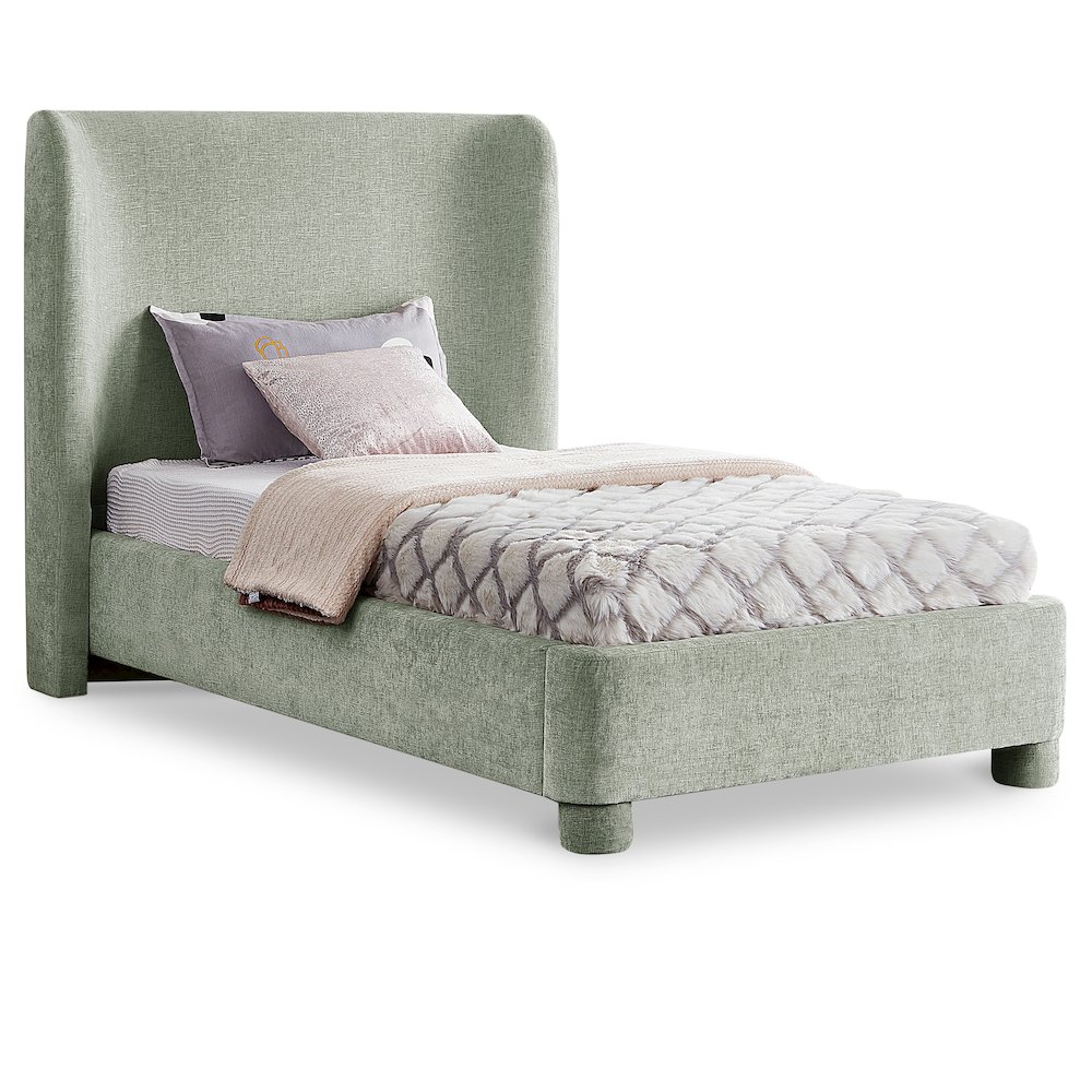 Penny Mint Green Chenille Fabric Twin Bed. Picture 1