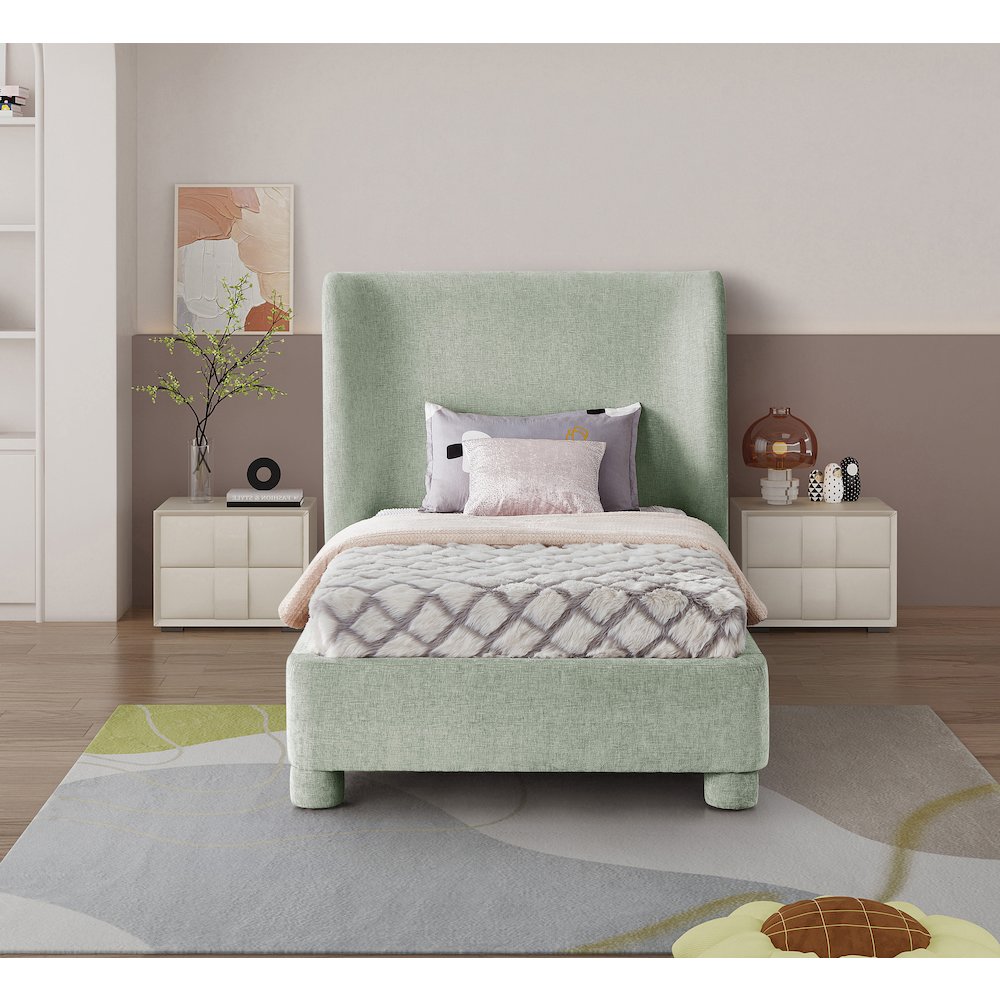 Penny Mint Green Chenille Fabric Twin Bed. Picture 3